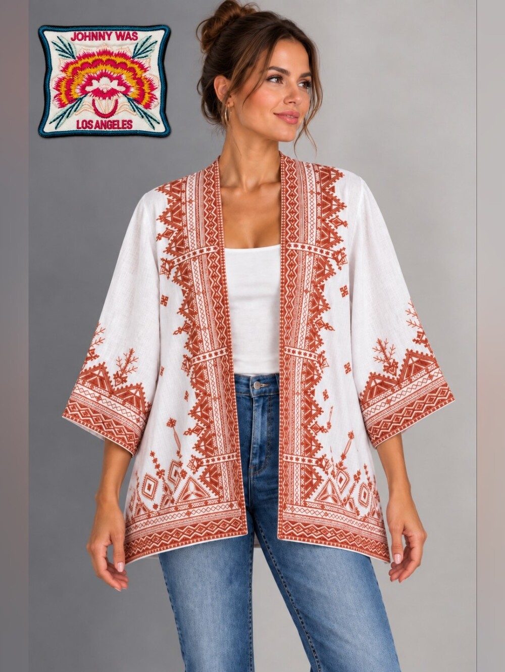 Johnny Was Eyal Embroidered Linen Open-Front Kimono Top White/Rust Boho Size XL